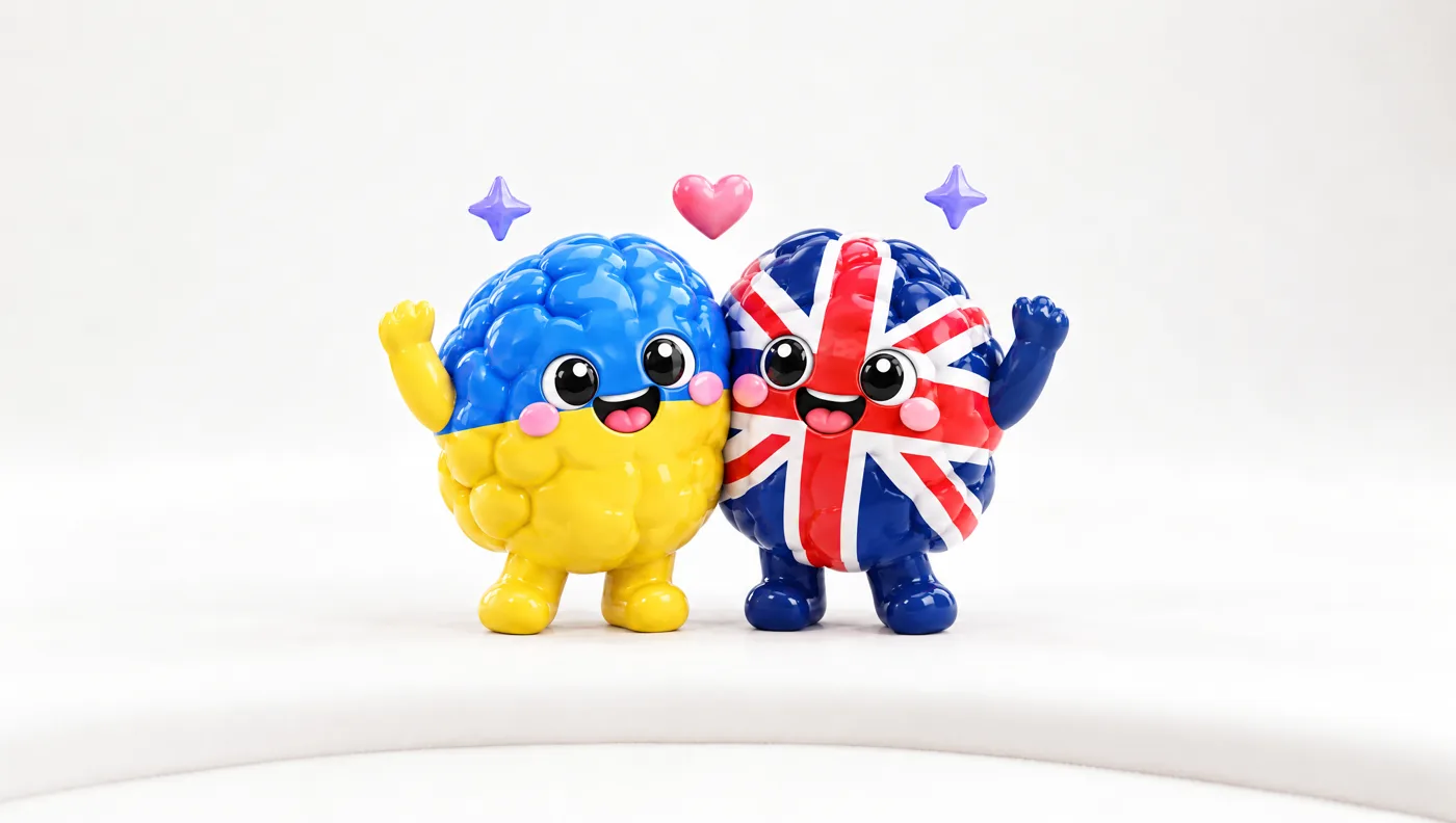 Two UABrain mascots, a blue-and-yellow Ukrainian brain and a Union Jack brain, hugging as friends