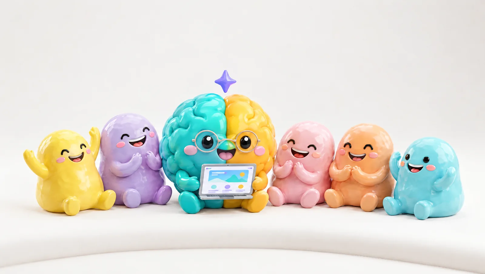 UABrain mascot, a two-tone brain with glasses and a laptop, with five colourful friends